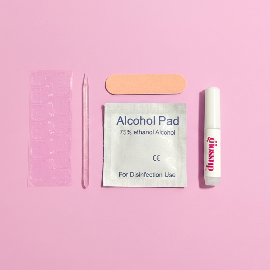 Collection of items including a nail file, alcohol pad, and a bottle labeled 'Glossup' on a pink background.